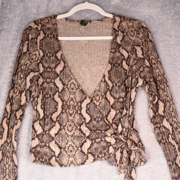 Wild Fable Sweater Wrap Womens XL Brown Snake Print V Neck Cropped Tie Waist - Picture 2 of 11